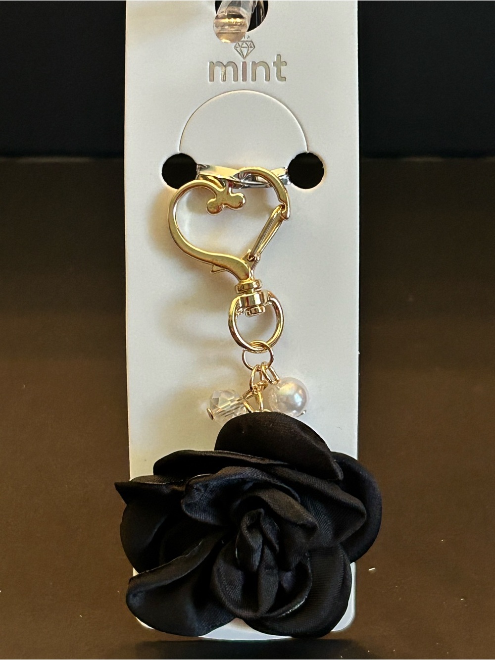 Mint Gold Heart Bag Charm With Fabric Rose Charm, Clear Crystals & Pearls NWT - Picture 7 of 8